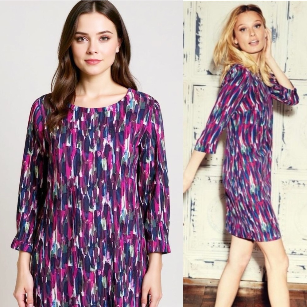 BODEN Beaufort Multicolor Abstract Watercolor Shift Party Dress Pink Navy 6L